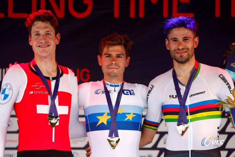 European Championships Munich 2022 - 2022 UEC Road Elite European Championships - Men's ITT - 17/08/2022 - Stefan Bissegger (SUI) - Stefan Kung (SUI) - Filippo Ganna (ITA) - photo Luca Bettini/UEC/SprintCyclingAgency?2022